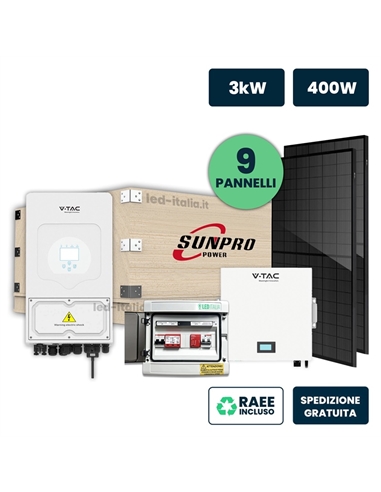 KIT Fotovoltaico Monofase 3kW con Inverter Ibrido, 9 Moduli TIER-1 400W (3.6kW) Full Black con Accumulo LFP 5kWh e Quadro Combin